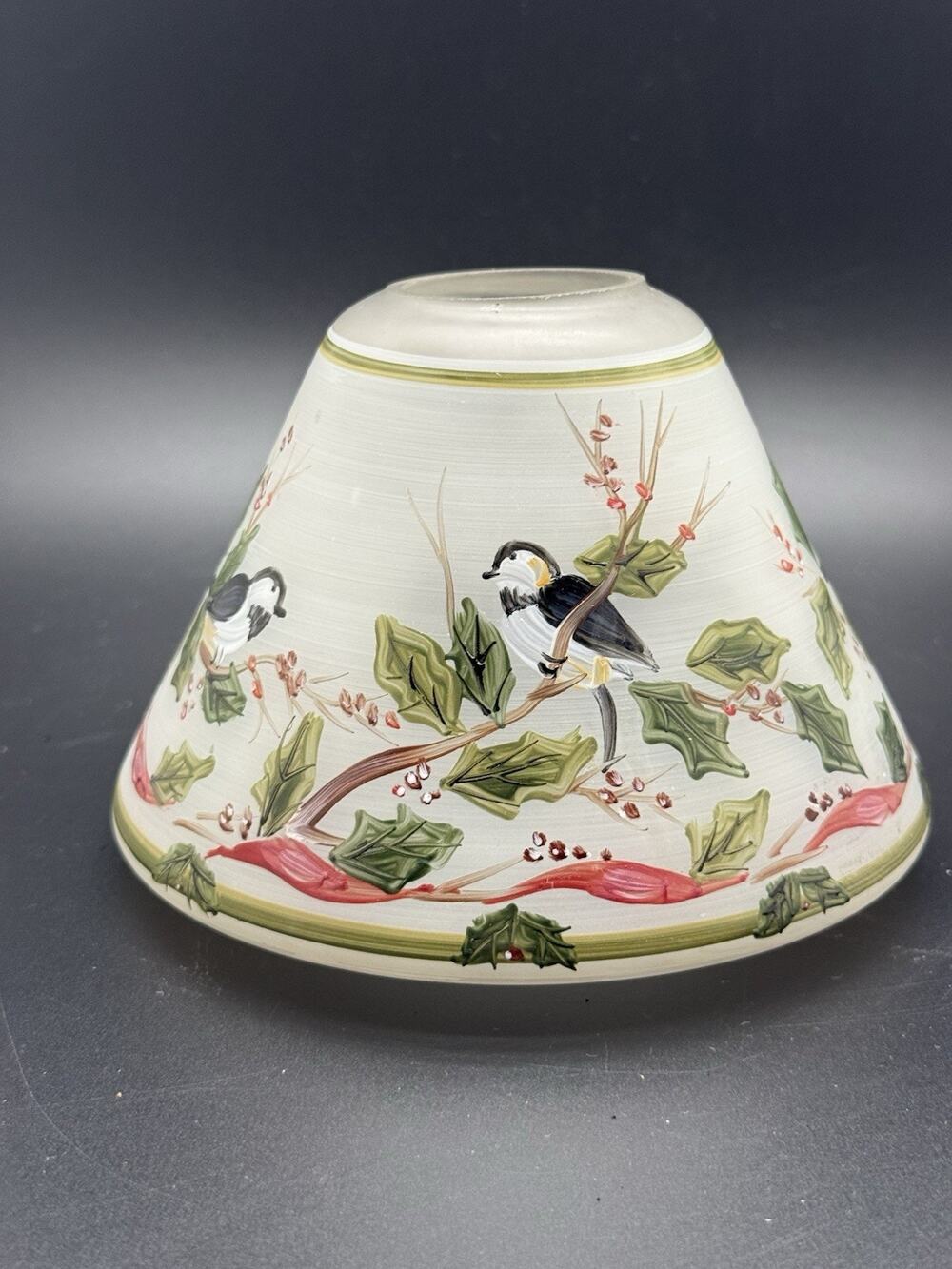 Frosted glass candle shade Christmas Birds poinsettia Holly Berries
